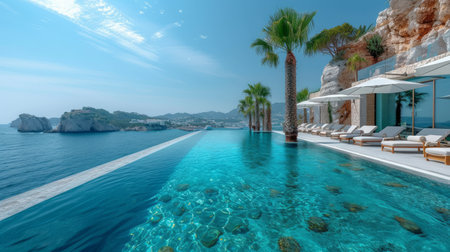 modern infinity pool by the cliffside offers a stunning view of the coast, with luxurious loungers...