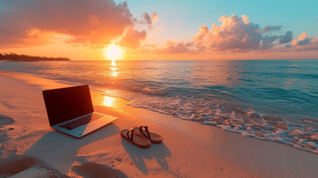 Tranquil early morning work setup with a laptop and flip-flops on a serene beach, welcoming the...