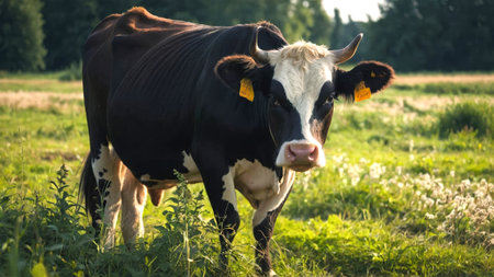 cow from a sustainable dairy farm for milk production in an innocent looking meadowの写真素材