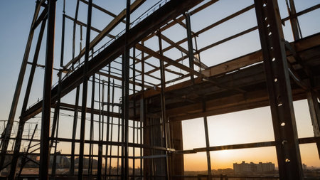 metal structure under construction at sunset with yellow sky. engineering conceptの写真素材