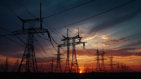 silhouette of electricity pylons for power transmission.の写真素材