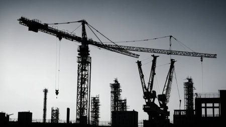 construction site, cranes stand as industrial giants, their arms weaving the fabric of developmentの写真素材