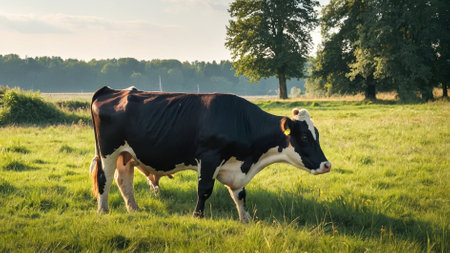 cow from a sustainable dairy farm for milk production in an innocent looking pasture. ecology conceptの写真素材