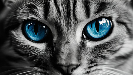 Close-Up of a Cat's Blue Eyes and Striped Furの写真素材