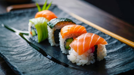 Indulge in a Japanese sushi lunch featuring salmon rolls and sashimi. A taste of Japan with a seafood menu offering delicious variationsの写真素材