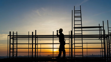 As engineers with helmets oversee the sprawling construction site, their presence commands the sceneの写真素材