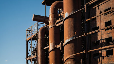 A rusty industrial building with pipes and a large tankの写真素材