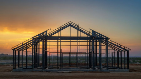 metal structure under construction at sunset with yellow sky. engineering conceptの写真素材