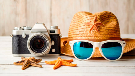 vibrant essence of summertime, where vacations come alive through the serene beauty of seashells and the adventurous spirit of travelersの写真素材