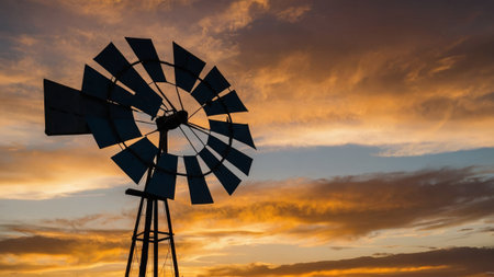 As the sun sets, casting a golden hue over the ranch, the silhouette of a windmill stands tall. Its wheels spin in the gentle wind, a testament to the enduring energy and rustic charm of farming lifeの写真素材