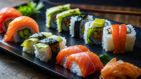 Escape to a sushi restaurant for lunch, where a menu of Japanese seafood rolls and sashimi variations awaits. Experience Japan on a plateの写真素材
