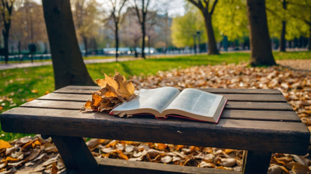 Autumn brings a unique opportunity for education through literature. Surrounded by foliage, open a book and dive into a world of wisdomの写真素材