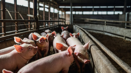 pigs as farm mammals, focusing on their life and care in a farming environmentの写真素材