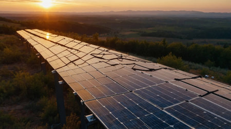 depiction of solar panels at work, producing renewable electricity and supporting green energy initiativesの写真素材