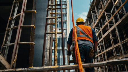 construction worker wearing a safety harness while building a structureの写真素材