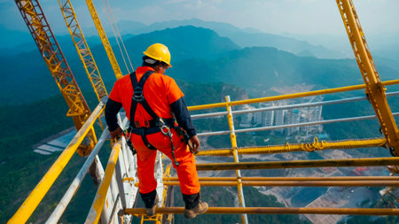 man in an orange safety suit is standing on a yellow metal beam