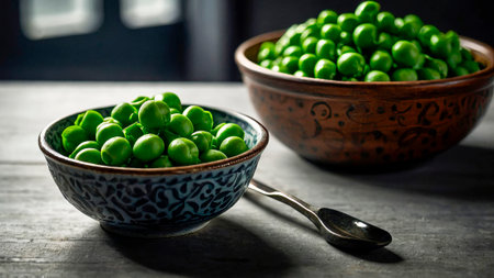 horizontal shot capturing the detailed texture of a pea pod, emphasizing vegetarian nutritionの写真素材