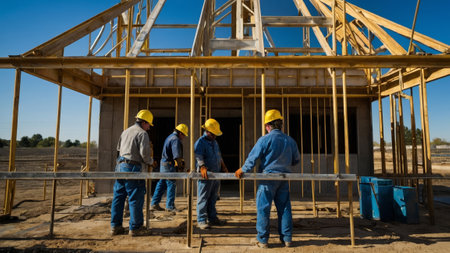 construction worker safely secured by a harness while working on high scaffoldingの写真素材