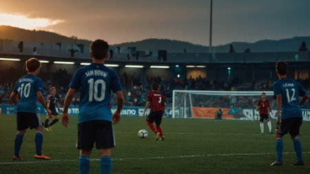 Football team playing in a packed stadium, showcasing the spirit of the sport and team dynamicsの写真素材