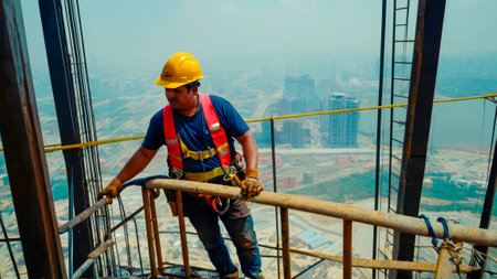 Construction worker ensuring safety while working on elevated scaffolding, equipped with essential harness gearの写真素材
