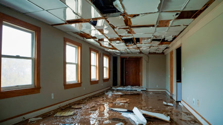 emergency repair scene in an apartment after a flood, highlighting the urgent response requiredの写真素材