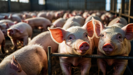 young piglets in a rustic farmhouse, showing the early stages of livestock careの写真素材