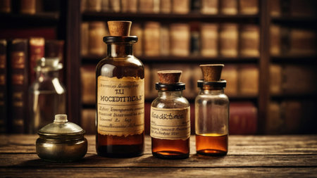 history of medicine, this image captures antique pharmacy cabinets stocked with vintage bottles and homeopathic remediesの写真素材