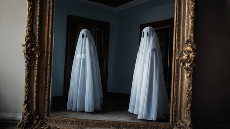 ghost costume with eye cutouts stands reflected in a vintage framed mirrorの写真素材