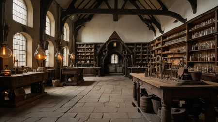 Historical pursuit of science, this photo features a vintage alchemist's laboratory, complete with manuscripts and chemistry experimentsの写真素材