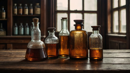 antique pharmacy where vintage cabinets and pharmacist tools blend with the timeless practice of homeopathy and herb-based healingの写真素材