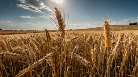 essence of agricultural abundance, featuring vast farmland adorned with golden wheat grains, basking in the glow of summertimeの写真素材