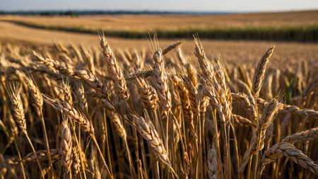showcases the beauty of golden wheat fields, symbolizing the fruitful farming harvest and the vibrancy of agricultural during the warm summer monthsの写真素材