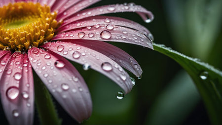 Macro Softness on Floral Petals. close-up view of dew droplets on a flower, illustrating the serene interaction of rain and petal on a sofaの写真素材