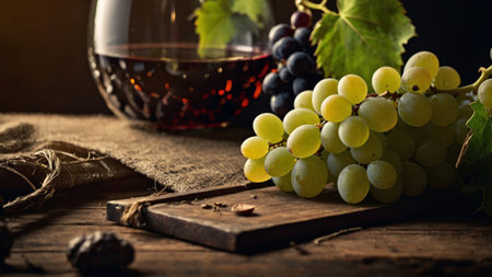 vineyard at sunrise, a romantic setting with wineglasses and red wine celebrates love. A picturesque autumnal wine experienceの写真素材
