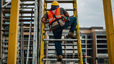 person working at heights with risk of falling, showing the need for strict safety protocolsの写真素材
