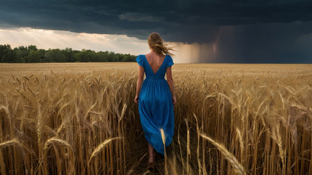 young woman in a flowing blue dress walks through a wheat field under a dramatic summer sky, the horizon echoing with thunderの写真素材