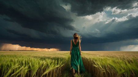 Caught in the wind, a young woman in green strides through a wheat field, her afternoon marked by the drama of an approaching stormの写真素材