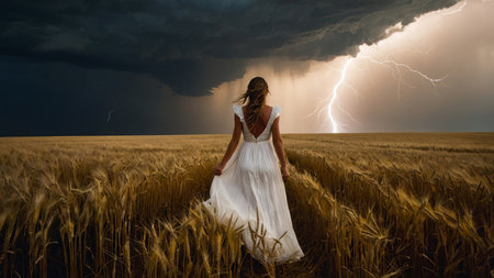 solitary figure against a dramatic springtime sky, her white dress billows as she walks through the wheat field, facing the wind of an oncoming stormの写真素材