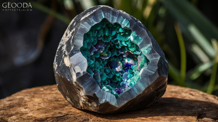 geode split open to reveal sparkling quartz crystals, showcasing the fascinating textures and colors of these natural geological formationsの写真素材