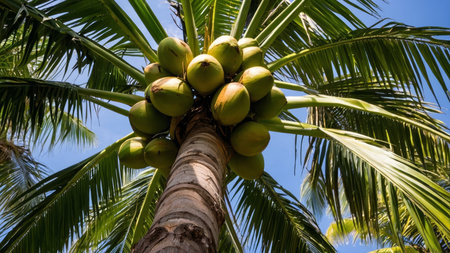 ornamental elegance of a palm tree laden with ripe coconuts, creating a stunning tropical vista with ample copy spaceの写真素材