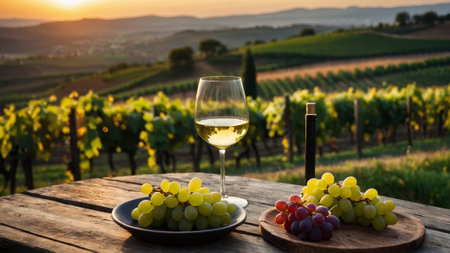 sunrise, a romantic setting unfolds within the vineyard. Two wineglasses, brimming with rich red wine, capture the essence of romance and the seasonal beauty of autumn. Amidst rows of ripe grapes, the moment is a celebration of love and the fine art of wineの写真素材