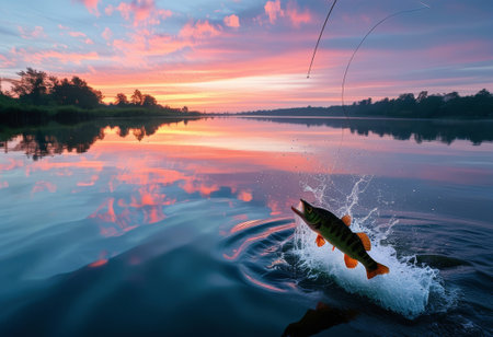 A fish leaps out of the water, caught mid-jump during a sunset fishing trip on a calm lake, creating a picturesque scene.の写真素材