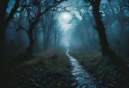 A dark and eerie forest scene illuminated by moonlight, with fog, shadows, and a winding path creating a haunting atmosphere.の写真素材