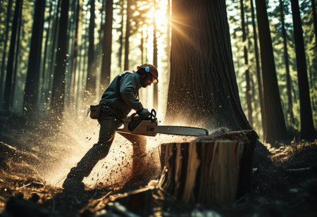 A lumberjack wearing safety gear cuts down a tree with a chainsaw, as sunlight streams through the dense forest.の写真素材