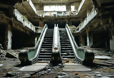 An escalator in a derelict, decaying building with crumbling walls and debris, representing urban decay and abandonment.の写真素材