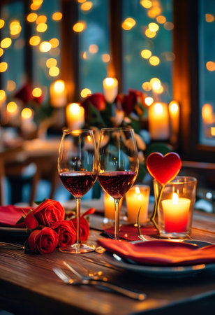 An elegant, intimate setting featuring a romantic candlelit dinner table with roses, wine glasses,...