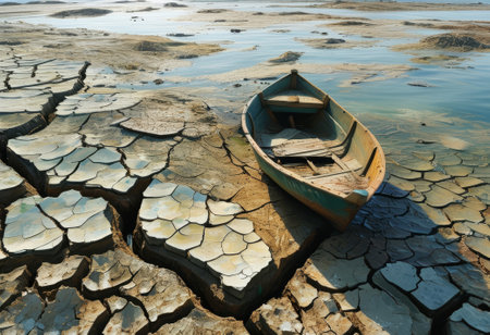 A lone, weathered wooden boat stranded on cracked, patched land as water recedes, highlighting drought and environmental challenges.の写真素材