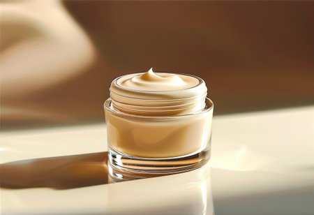 A sleek jar of luxury skincare cream with gold accents is showcased against soft, elegant lighting,...