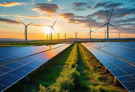 A breathtaking view of wind turbines and solar panels working together at sunset, symbolizing sustainable energy and environmental conservation.の写真素材