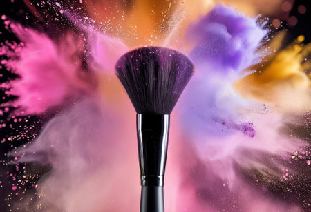 A cosmetic brush surrounded by a vibrant explosion of colorful makeup powders, symbolizing beauty,...